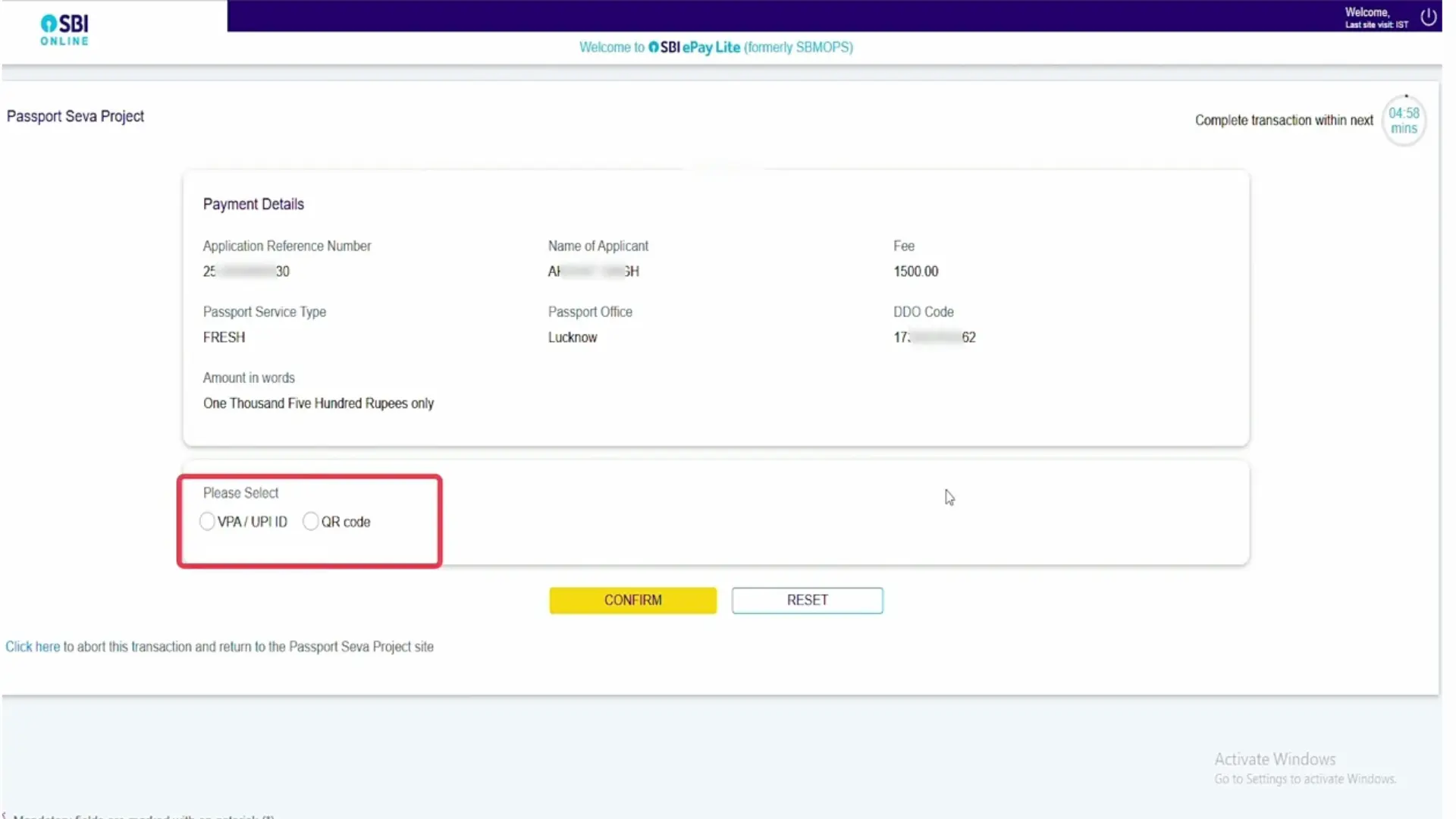 select payment option